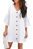 White White/Black/Red/Green V Neck Buttoned Bell Sleeve Shift Shirt Dress LC221177-1