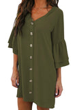 Green White/Black/Red/Green V Neck Buttoned Bell Sleeve Shift Shirt Dress LC221177-9
