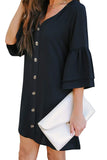 Black White/Black/Red/Green V Neck Buttoned Bell Sleeve Shift Shirt Dress LC221177-2