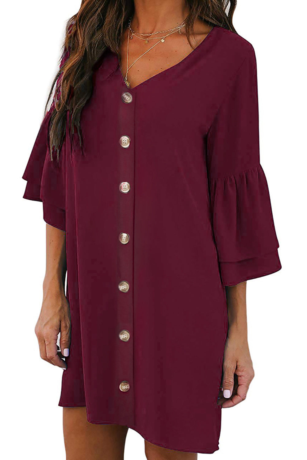 Red White/Black/Red/Green V Neck Buttoned Bell Sleeve Shift Shirt Dress LC221177-3
