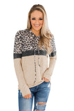 Khaki Women's Casual Triple Color Block Srtipes Hoodies Kangroo Pocket Pullover Drawstring Sweatshirt LC253728-16