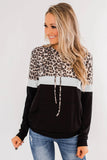 Women Leopard Color Block Kangroo Pocket Pullover Drawstring Sweatshirt