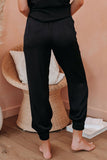 Black Women's Fashion Solid Color Textured Soft Joggers Relax Yoga Lounge Pants Elastic Drawstring Waist with Side Pockets LC77411-2