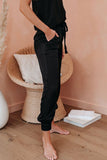 Black Women's Fashion Solid Color Textured Soft Joggers Relax Yoga Lounge Pants Elastic Drawstring Waist with Side Pockets LC77411-2