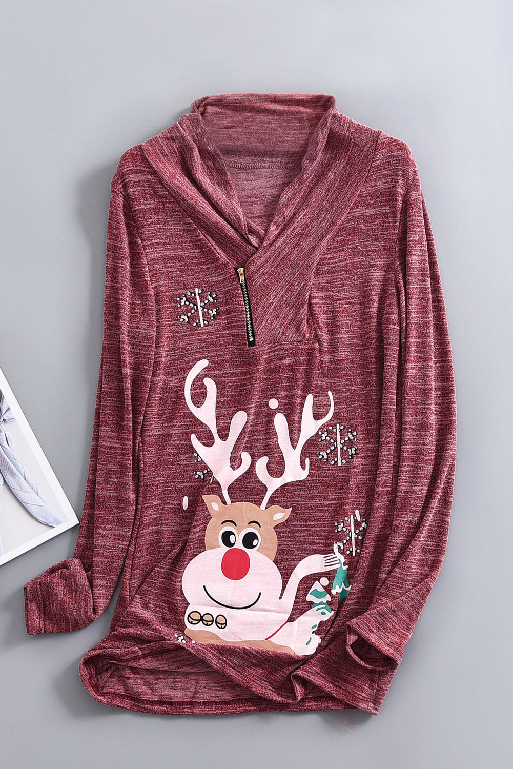 Red Women's Casual Fashion Top Cowl Neck Zipped Pullover Christmas Reindeer Snow Print Sweatshirt  LC252977-3