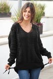 Black Women's Winter Casual Long Sleeve Solid Color Tie bow V Neck Cable Knit Sweater Drop Shoulder Tops LC27994-2