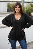 Black Women's Winter Casual Long Sleeve Solid Color Tie bow V Neck Cable Knit Sweater Drop Shoulder Tops LC27994-2