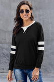 Black Women's Winter Loose Casual Long Sleeve Tunics Round Neck Stitching Stripes Pullover LC252721-2