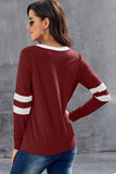 Red Women's Winter Loose Casual Long Sleeve Tunics Round Neck Stitching Stripes Pullover LC252721-3