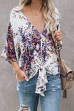 Purple Women's Floral Printed Deep V Neck Bats Sleeves Tie Front Blouse Loose Casual Cozy Shirt Tops For Ladies LC252336-8
