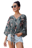 Green Women's Floral Printed Deep V Neck Bats Sleeves Tie Front Blouse Loose Casual Cozy Shirt Tops For Ladies LC252336-9