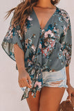 Green Women's Floral Printed Deep V Neck Bats Sleeves Tie Front Blouse Loose Casual Cozy Shirt Tops For Ladies LC252336-9