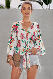 Multicolor Women's Floral Printed Deep V Neck Bats Sleeves Tie Front Blouse Loose Casual Cozy Shirt Tops For Ladies LC252336-22