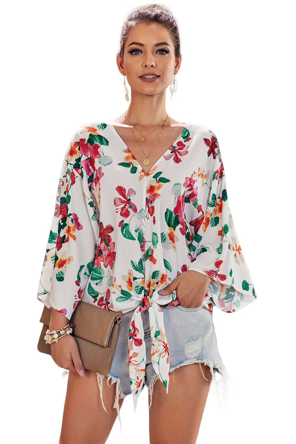 Multicolor Women's Floral Printed Deep V Neck Bats Sleeves Tie Front Blouse Loose Casual Cozy Shirt Tops For Ladies LC252336-22