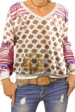 White Women's Fashion Vintage Print V Neck Long Sleeve Sweatshirt LC253023-1