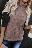 Women's Winter Casual Long Sleeve Color Block Turtleneck Cable Knit Sweater