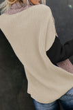 Black Women's Winter Casual Long Sleeve Color Block Turtleneck Cable Knit Sweater Side Split High-Low Hemline Drop Shoulder Ribbed Sweater LC270207-2