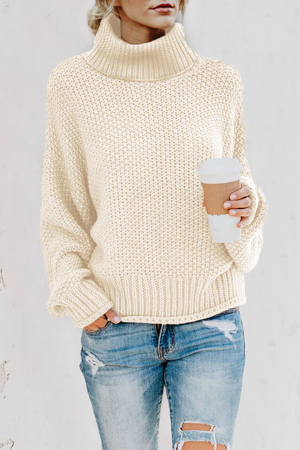 Beige Women's Winter Casual Long Sleeve Turtleneck Solid Color Drop Shoulder Cable Knit Sweater Chunky Sweater LC270200-15