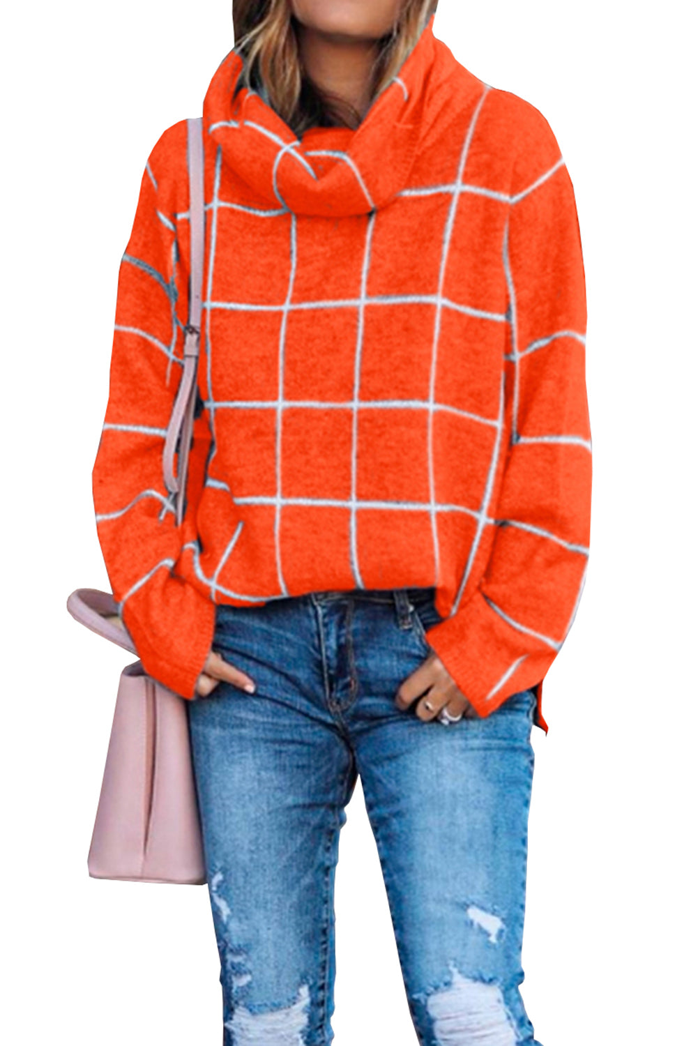 Orange Black/Green/Gray/Orange/Beige/Khaki/Brown/Apricot Grid Pattern Turtleneck Sweater LC270176-14