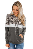 Gray Women's Casual Triple Color Block Srtipes Hoodies Kangroo Pocket Pullover Drawstring Sweatshirt LC253728-11