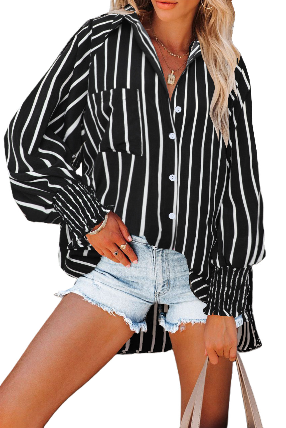 Lantern Sleeve Black And White Vertical Striped Shirt