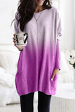 Purple Women's Crew Neck Color Block Gradient Pocketed Side Long Top LC252928-8
