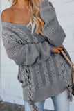 Gray Women's Winter Casual Long Sleeve Solid Color Tie bow V Neck Cable Knit Sweater Drop Shoulder Tops LC27994-11