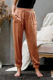 Orange Women's Fashion Solid Color Textured Soft Joggers Relax Yoga Lounge Pants Elastic Drawstring Waist with Side Pockets LC77411-14