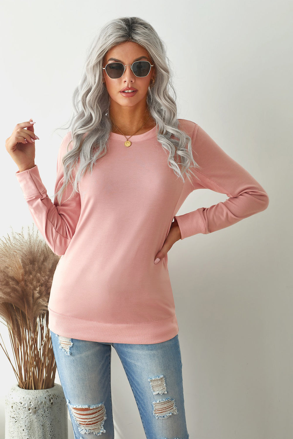 Pink Black/Blue/Gray/Green/Pink Round Neck Ribbed Hemline Solid Sweatshirt LC2531658-10