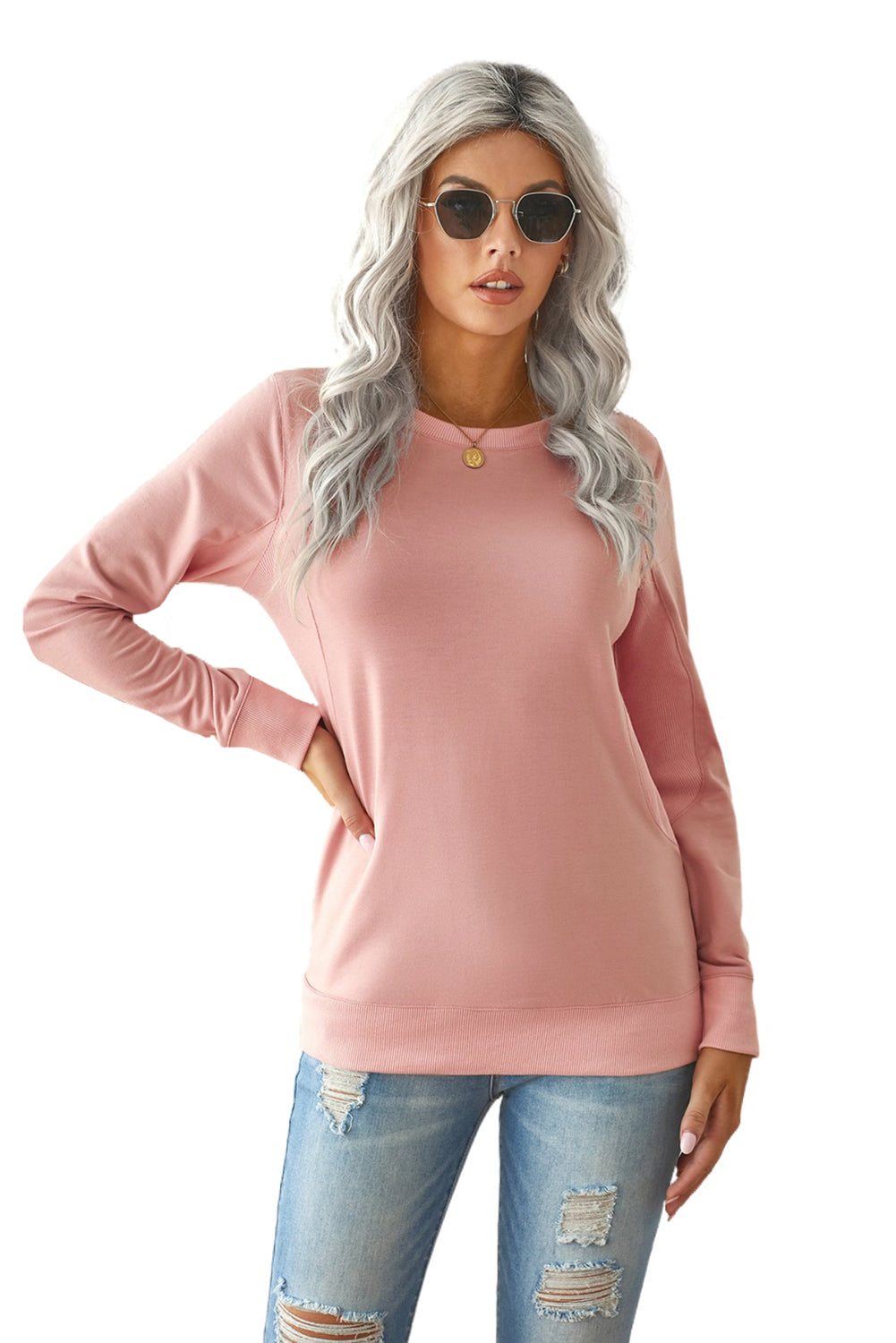 Pink Black/Blue/Gray/Green/Pink Round Neck Ribbed Hemline Solid Sweatshirt LC2531658-10