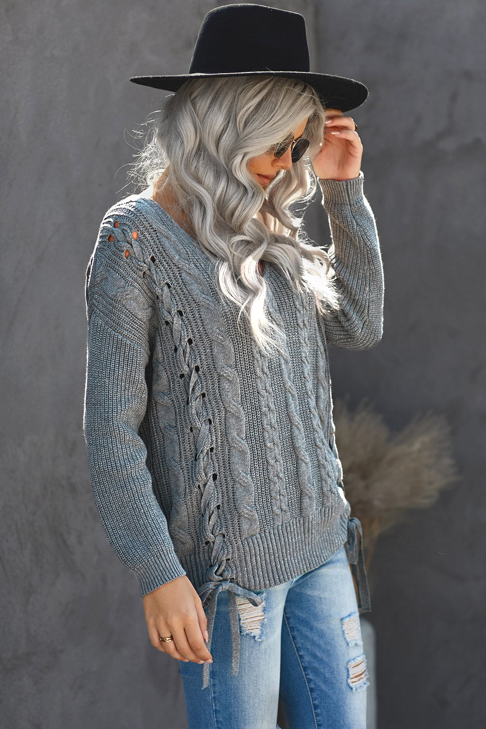 Gray Women's Winter Casual Long Sleeve Solid Color Tie bow V Neck Cable Knit Sweater Drop Shoulder Tops LC27994-11