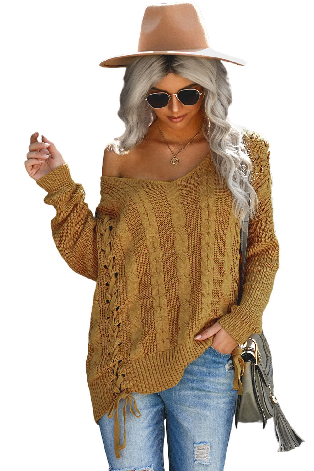 Yellow Women's Winter Casual Long Sleeve Solid Color Tie bow V Neck Cable Knit Sweater Drop Shoulder Tops LC27994-7