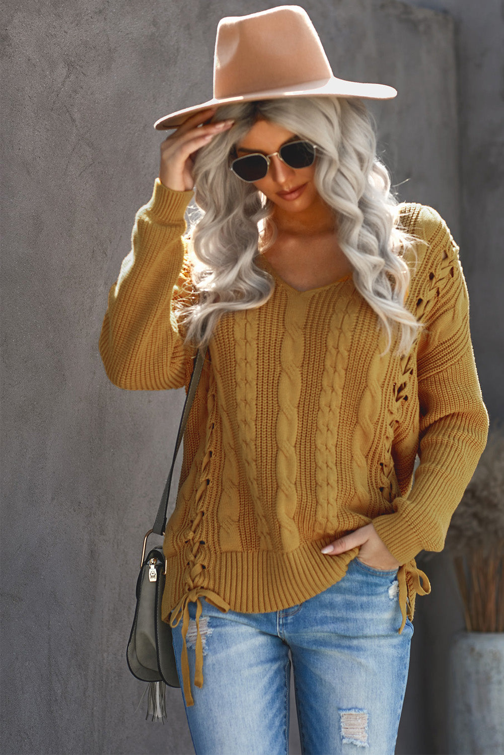 Yellow Women's Winter Casual Long Sleeve Solid Color Tie bow V Neck Cable Knit Sweater Drop Shoulder Tops LC27994-7