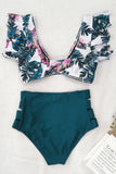Green Floral Print Front Tie High Waist Bikini Swimsuit with Ruffles Palm Leaf Print Front Tie High Waist Bikini Swimsuit with Ruffles LC43540-9
