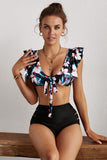 Black Floral Print Front Tie High Waist Bikini Swimsuit with Ruffles Palm Leaf Print Front Tie High Waist Bikini Swimsuit with Ruffles LC43540-2