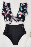 Black Floral Print Front Tie High Waist Bikini Swimsuit with Ruffles Palm Leaf Print Front Tie High Waist Bikini Swimsuit with Ruffles LC43540-2