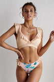 Pink Sexy Ruffle Detail Printed Bikini LC43543-10
