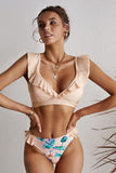 Pink Sexy Ruffle Detail Printed Bikini LC43543-10
