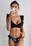 Black Sexy Ruffle Detail Printed Bikini LC43543-2