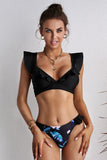 Black Sexy Ruffle Detail Printed Bikini LC43543-2