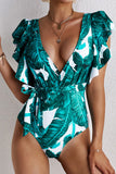 Green Sexy Deep V Neck Floral Print Ruffles One Piece Swimwear LC44394-9