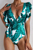Green Sexy Deep V Neck Floral Print Ruffles One Piece Swimwear LC44394-9