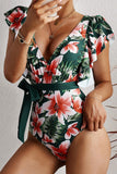 Orange Sexy Deep V Neck Floral Print Ruffles One Piece Swimwear LC44394-14