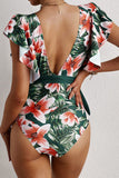 Orange Sexy Deep V Neck Floral Print Ruffles One Piece Swimwear LC44394-14
