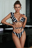 Stripe Printed Criss Cross Drawstring Flounce Backless Bikini Swimsuit LC43539-19