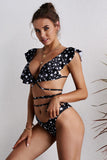 Black Printed Criss Cross Drawstring Flounce Backless Bikini Swimsuit LC43539-2