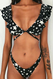 Black Printed Criss Cross Drawstring Flounce Backless Bikini Swimsuit LC43539-2