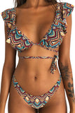 Multicolor Printed Criss Cross Drawstring Flounce Backless Bikini Swimsuit LC43539-22