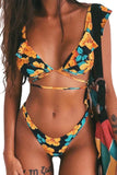 Orange Printed Criss Cross Drawstring Flounce Backless Bikini Swimsuit LC43539-14