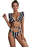 Stripe Printed Criss Cross Drawstring Flounce Backless Bikini Swimsuit LC43539-19